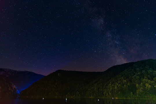 landscape in the Danube Gorges. Cazanele Mari seen from the Romanian side. Night View. 