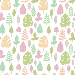 Fototapeten Seamless pattern in pastel colors. Leaves of various plants isolated on white background. Texture for print, wallpaper, home decor, textile, package design © irina_omelchak
