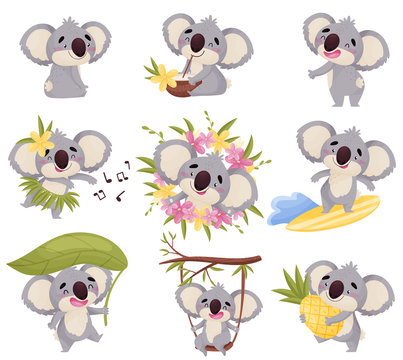 Cartoon koala in different situations. Vector illustration on white background.