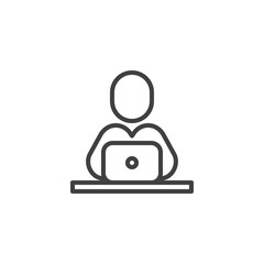 Student studying at laptop line icon. linear style sign for mobile concept and web design. Man with notebook computer outline vector icon. e learning symbol, logo illustration. Vector graphics