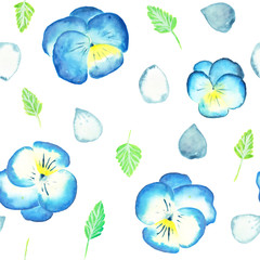Blue and yellow watercolor pansies seamless pattern on white background. Endless romantic floral wallpaper.Wedding template of beautiful pansy. Illustration of Violet flowers, leaves and petals.