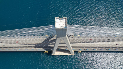 Aerial drone photo of world famous cable suspension bridge of Rio - Antirio Harilaos Trikoupis,...
