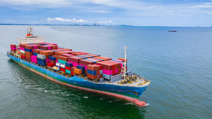 Aerial view container ship carrying container in import export business logistic and transportation of international by container ship in the open sea.