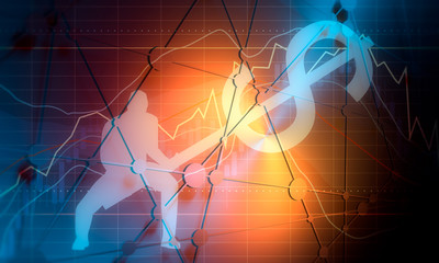 Silhouette of businessman. Man holding symbol of dollar currency. Trading diagram on backdrop