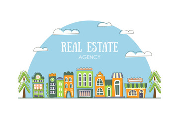 Real Estate Agency Banner Template with Cute Hand Drawn City Street Buildings Vector Illustration