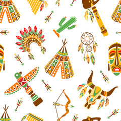 American Indians Seamless Pattern, Ethnic, Tribal Design Element Can Be Used for Textile, Wallpaper, Packaging, Background Vector Illustration © topvectors