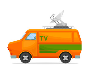 Orange TV minibus with green stripes. Vector illustration on white background.