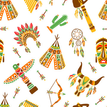 American Indians Seamless Pattern, Ethnic, Tribal Design Element Can Be Used for Textile, Wallpaper, Packaging, Background Vector Illustration