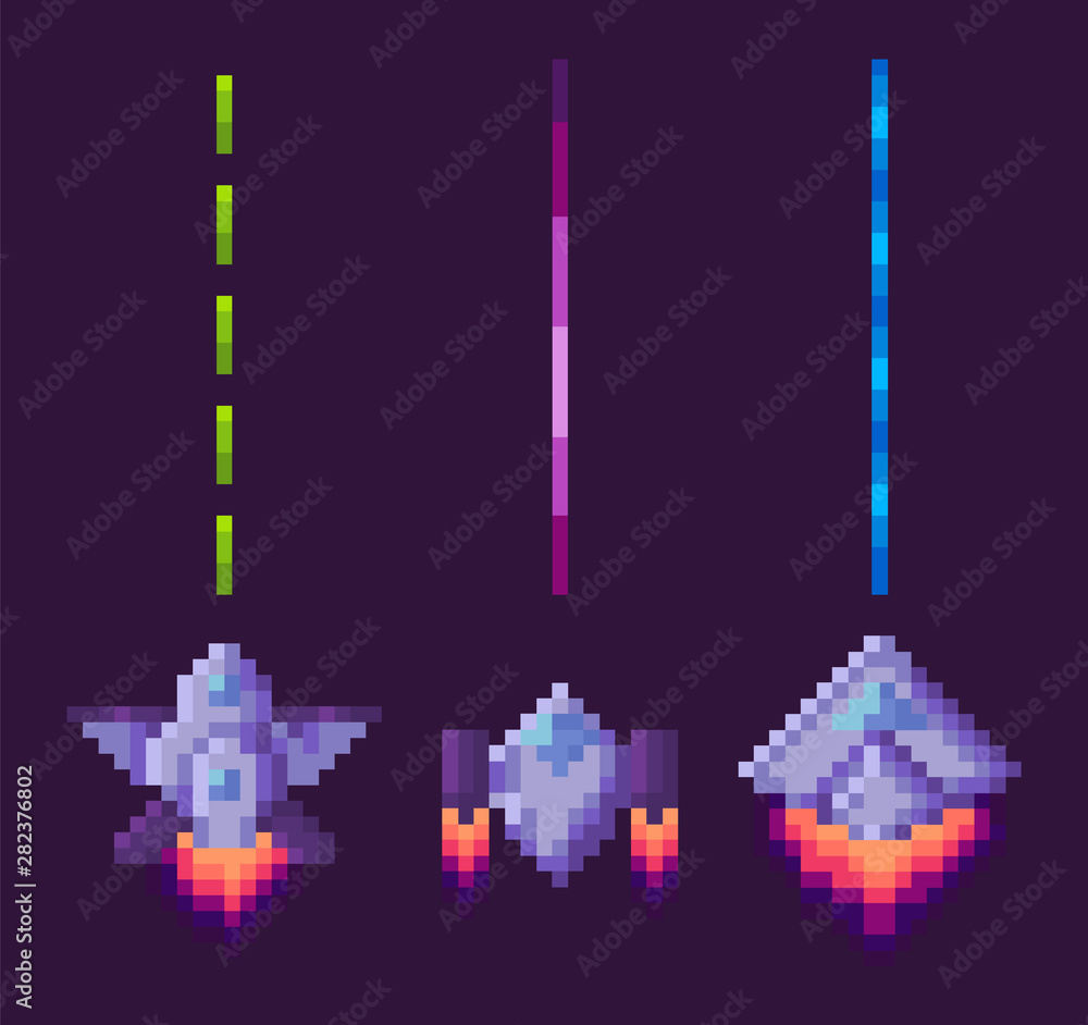 Poster space pixel art, isolated spaceship with traces on sky. fight arcade game pixelated image of transpo
