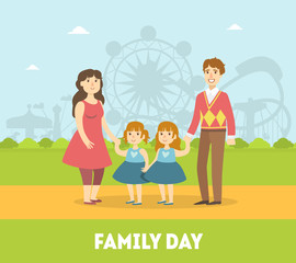 Fototapeta na wymiar Family Day Banner Template, Cheerful Parents and Their Twin Daughters Walking in Park Outdoor, Happy Family Vector Illustration,