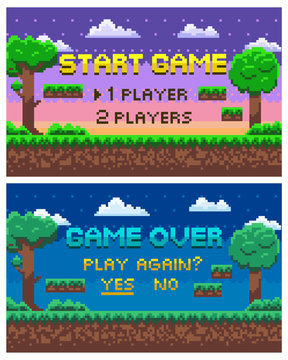 Game over scenes for fights and places of leaves, evening and night views, players option between one or two gamers, pixel trees and stars, clouds. Platformer video-game. 8 bit pixelated art app gemes