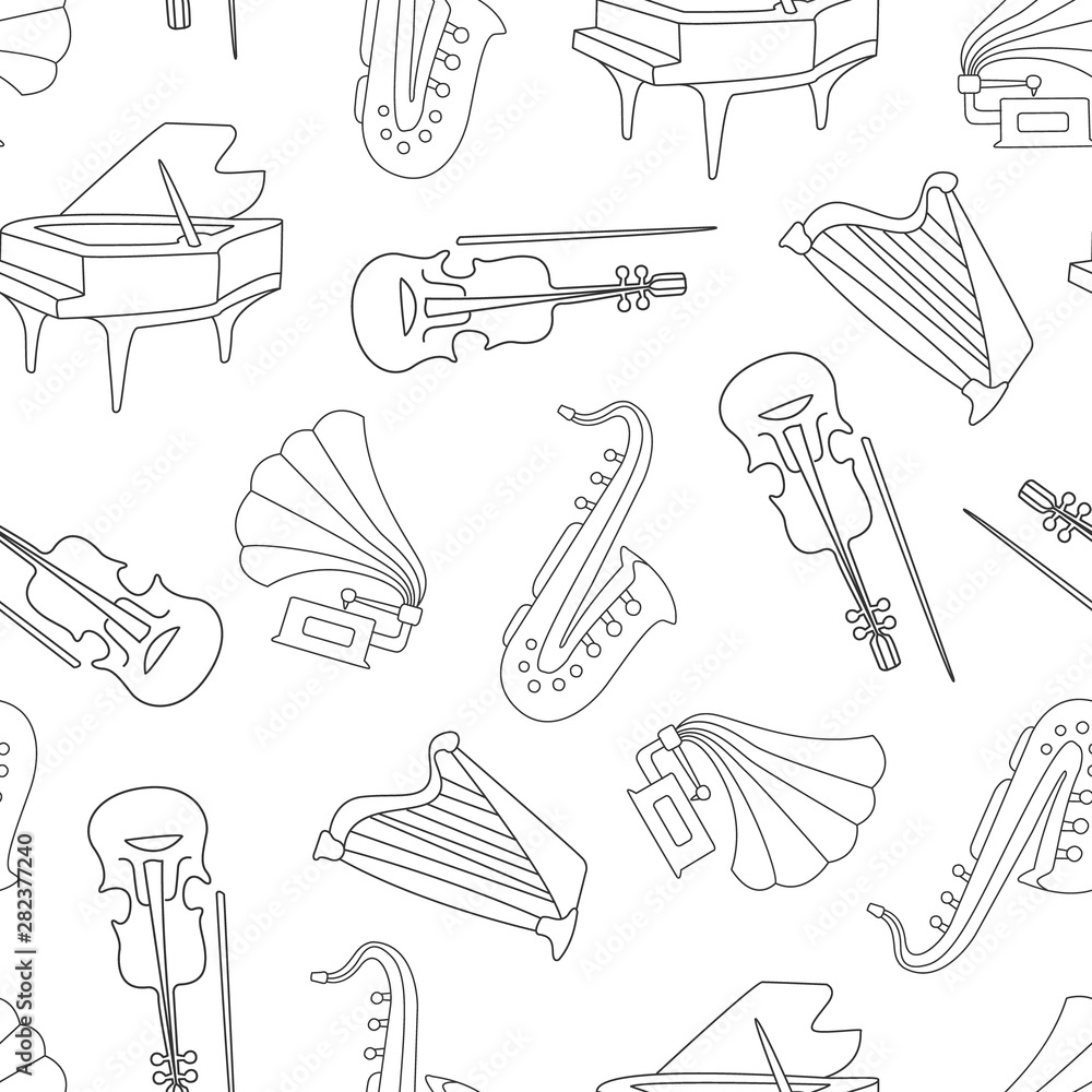 Poster hand drawn musical instruments seamless pattern, classical orchestra objects design element can be u