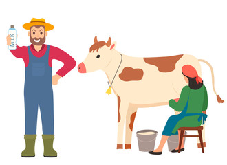 Organic milk in bottle vector, farmer showing fresh liquid in bottle, milkmaid woman and man working with cow, farming and getting ecological food