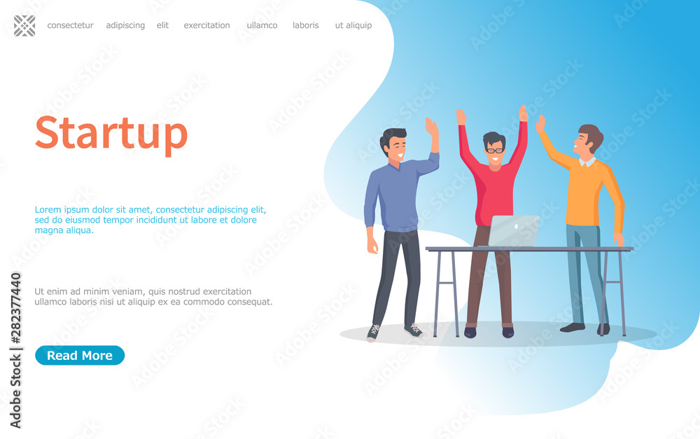 Aufkleber successful startup of programmers vector. people working on business project, achieving results, lap
