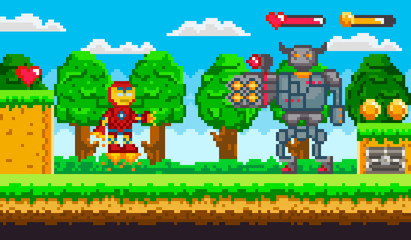 Pixel art 8 bit game ranger or robot and minotaur fighting. Old retro computer game or arcade characters, warriors, monsters with firearms vector. Platformer video-game. Pixelated app gemes