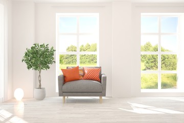 Mock up of stylish room in white color with armchair and green landscape in window. Scandinavian interior design. 3D illustration