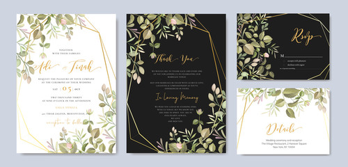 Fototapeta na wymiar beautiful watercolor wedding invitation card with floral and leaves background template