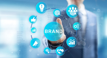 Brand words cloud on virtual screen. Branding, Marketing and Advertising concept.