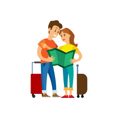 Traveling people with map reading atlas vector. Man and woman looking at printing material, baggage and luggage of travelers, tourists on vacation