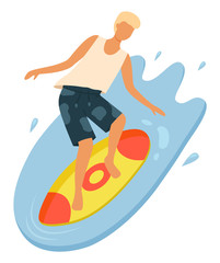 Male surfer balancing on board. Young boy with blonde hair wearing t-shirt and shorts surfing in ocean. Guy in swimming trunks doing water sport vector. Summertime activity