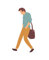Upset man after quarrel walking in bad mood. Vector person in cartoon style, problems at work or in family relationships. Guy with sack side view