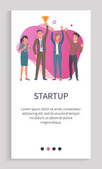Successful startup team achieved prize vector, businessman holds trophy in hands colleagues happy for achievement and celebrating victory. Website or app slider template, landing page flat style