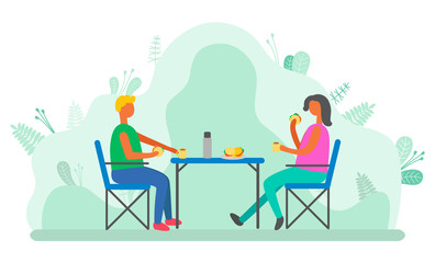 Couple spending time outdoors vector, man and woman eating in park. People camping having lunch sitting by table, characters relaxing on nature flat style. Dating in park