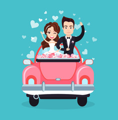 Bride wearing dress and groom in suit vector, car taking couple to honeymoon, newlywed people waving hands, hearts and love cheerful pair flat style