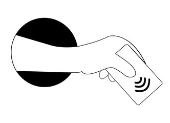 A hand from a round black hole holds a contactless and wireless payment card. Concept pay pass and NFC