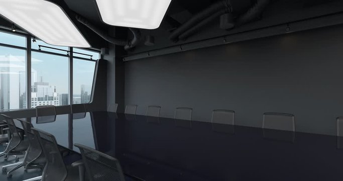 Conference Hall Room with Green Mock-up table. Camera moves along meeting table, revealing view of office interior and city with skyscrapers outside large big panoramic window 3D rendering 4K video.