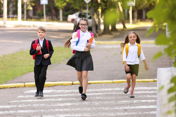 Cute little pupils crossing road