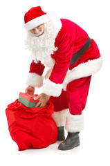 Portrait of Santa Claus with bag on white background