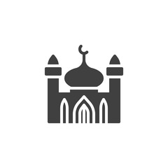 Mosque with minaret vector icon. filled flat sign for mobile concept and web design. Islamic Mosque building with crescent glyph icon. Symbol, logo illustration. Vector graphics
