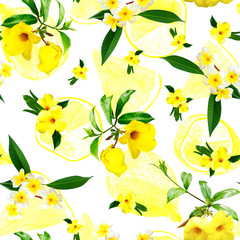 tropical flowers and citruses seamless pattern on a white background, illuminating yellow lemons and flowers, summer floral print.