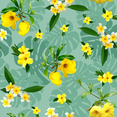 seamless tropical floral pattern. Monstera leaves, yellow plumeria flowers, frangipani, against a green background.