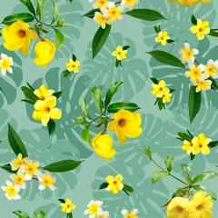 Rolgordijnen seamless tropical floral pattern. Monstera leaves, yellow plumeria flowers, frangipani, against a green background. © AineGing