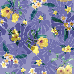 seamless tropical floral pattern. Monstera leaves, yellow plumeria flowers, frangipani, on a purple background.