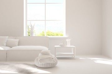 Mock up of stylish room in white color with sofa. Scandinavian interior design. 3D illustration