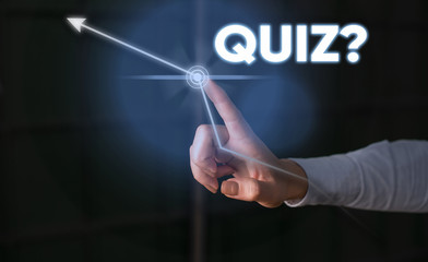 Conceptual hand writing showing Quiz Question. Concept meaning test of knowledge as competition between individuals or teams Lady front presenting hand blue futuristic modern technology