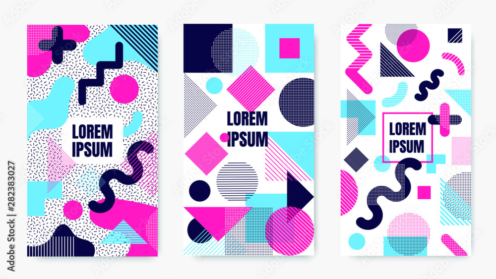 Poster 3 geometric vertical background with geometric line shapes pattern with trendy memphis fashion style