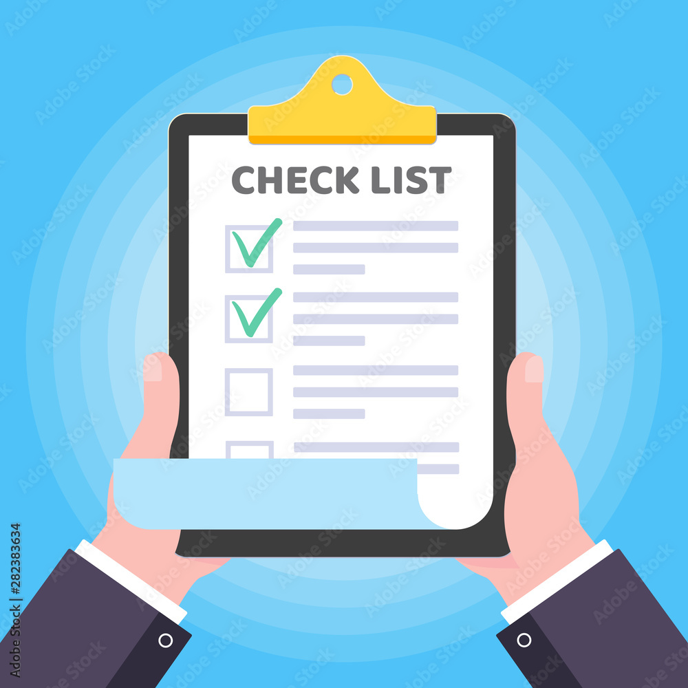 Poster two hands hold clipboard with check list claim form on it, paper sheets, check marks tick ok checkbo