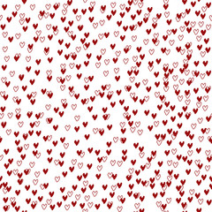 Abstract vector seamless pattern with chaotic hearts. Classical neutral backdrop. Hand drawn randomly scattered red hearts on white background. Repeating backdrop for teens, girls, textile, clothes,  - 282384246