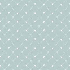 Abstract vector seamless pattern with hearts. Classical neutral backdrop. Hand drawn white hearts and strokes grid on blue background. Perfect for Valentine's Day, wedding, it's a boy baby  - 282384279