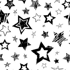 Abstract seamless grunge urban pattern with hand drawn black stars on white background. Grungy repeating backdrop for kids, sport textile, clothes, bedding, wrapping paper.  - 282384422