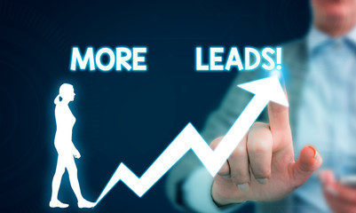 Text sign showing More Leads. Business photo showcasing initiation consumer interest enquiry into products or services Female human wear formal work suit presenting presentation use smart device