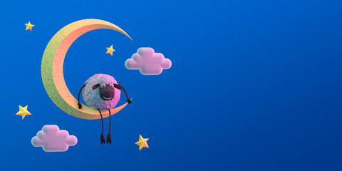 3d illustration cute cartoon sheep on the moon on blue background