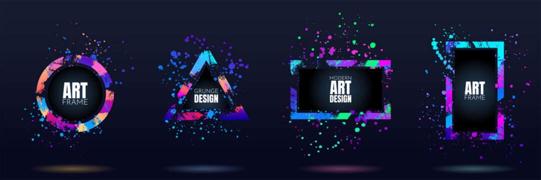 Vector frame for text. Modern Art graphics. Dynamic frame stylish geometric black background. Element for design business cards, invitations, gift cards, flyers and brochures. Distruction color paint