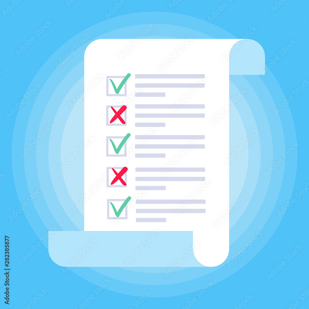 Poster paper sheet with check list with check marks ticks v and crosses x to fill out and text on it flat s