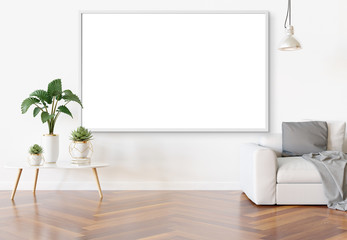 Obraz na płótnie Canvas Frame hanging in bright white living room with plants and decorations mockup 3D rendering