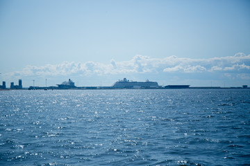river landscape with passenger ships in the port